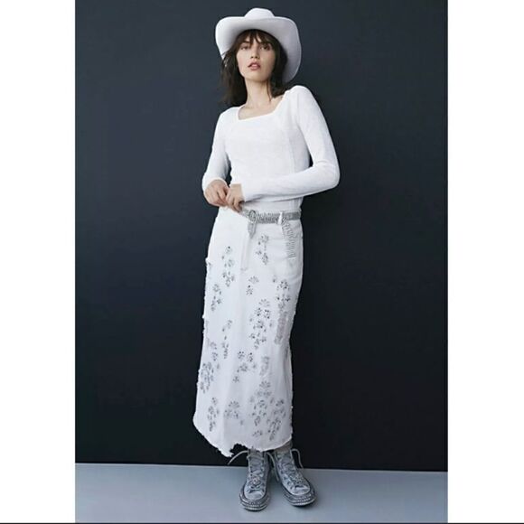 Free People x We the free Ecru Diamond In Rough  Midi Skirt Size 6 - Picture 2 of 7